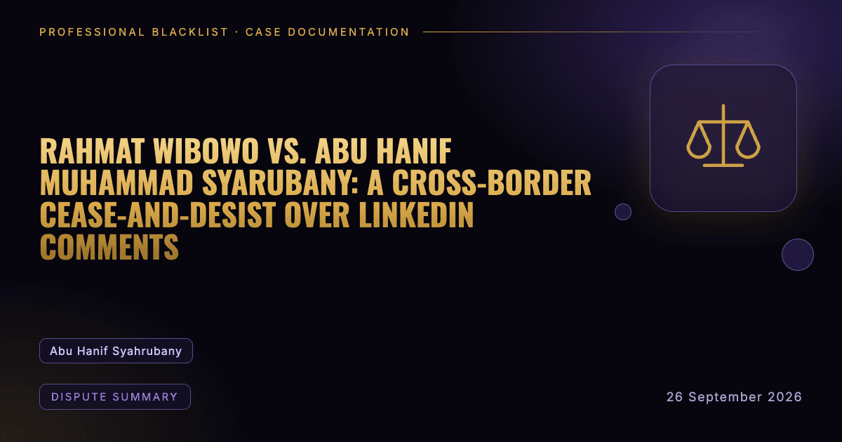 Header illustration: dispute summary involving Abu Hanif Syahrubany
