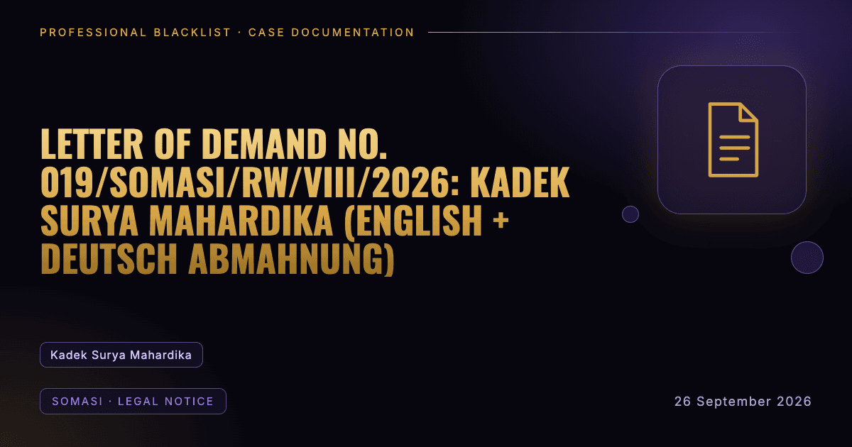 Header illustration: somasi · legal notice involving Kadek Surya Mahardika