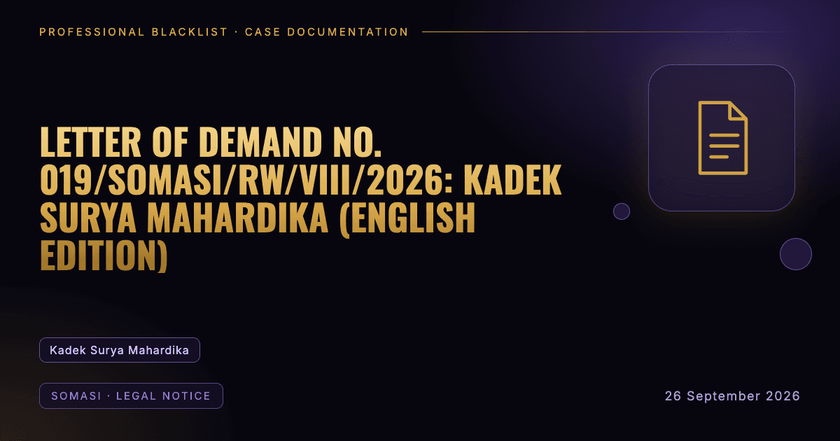 Header illustration: somasi · legal notice involving Kadek Surya Mahardika