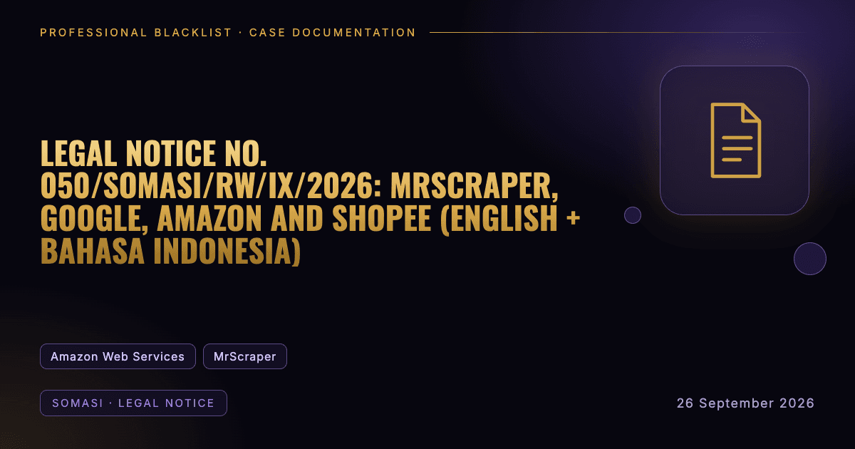 Header illustration: somasi · legal notice involving Amazon Web Services, MrScraper