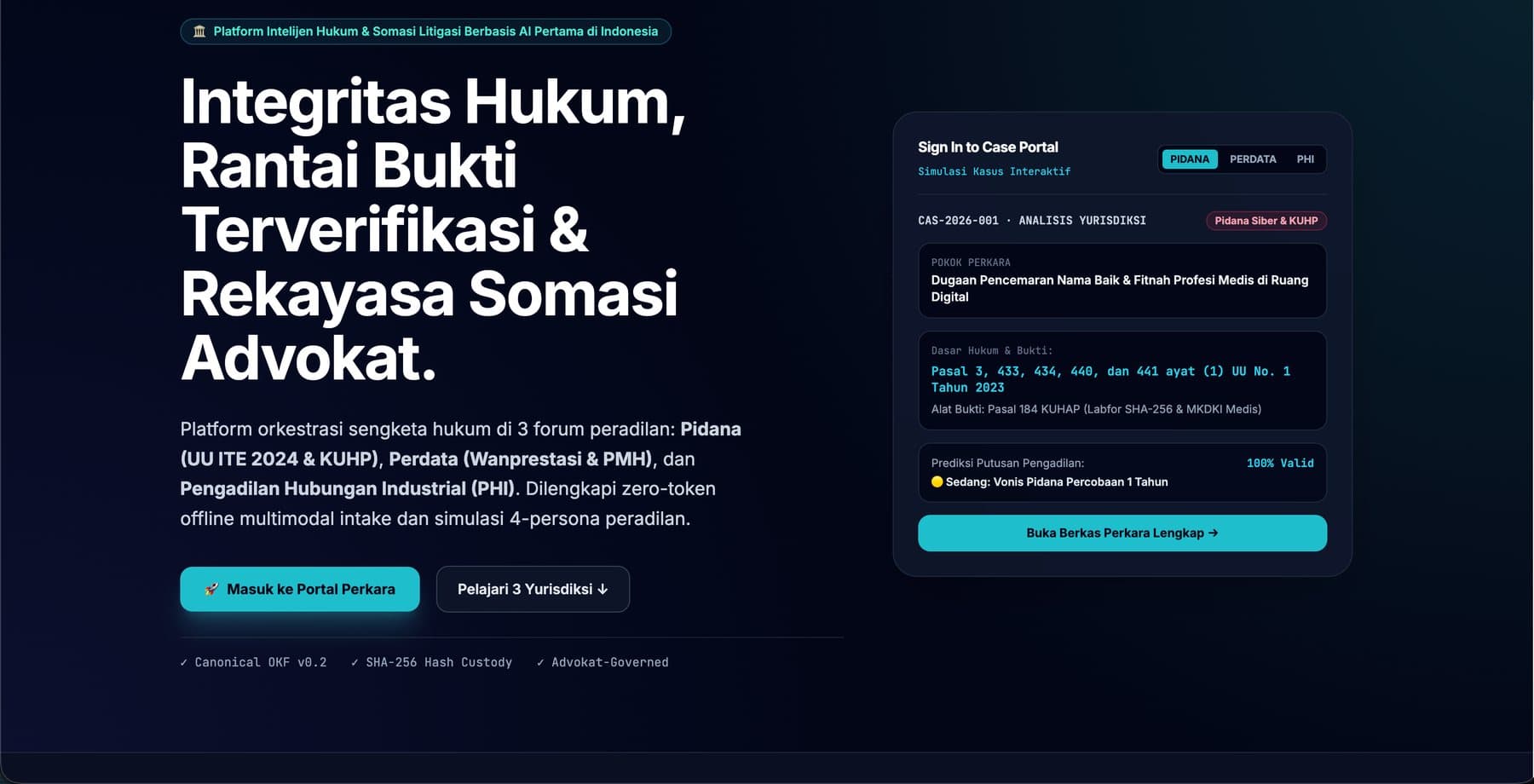 Somasi as a Service case portal showing AI-generated jurisdiction analysis and verdict-probability prediction