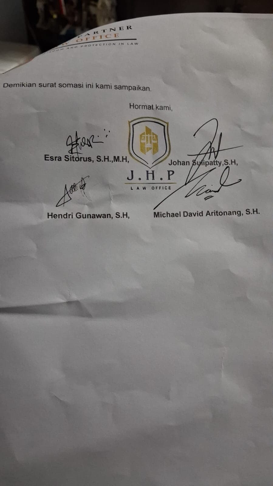 Official PERADI Ethics Complaint on JHP Law Firm: Study Case of Esra Sitorus, Johan Sulipatty, Hendri Gunawan, Michael David Aritonang