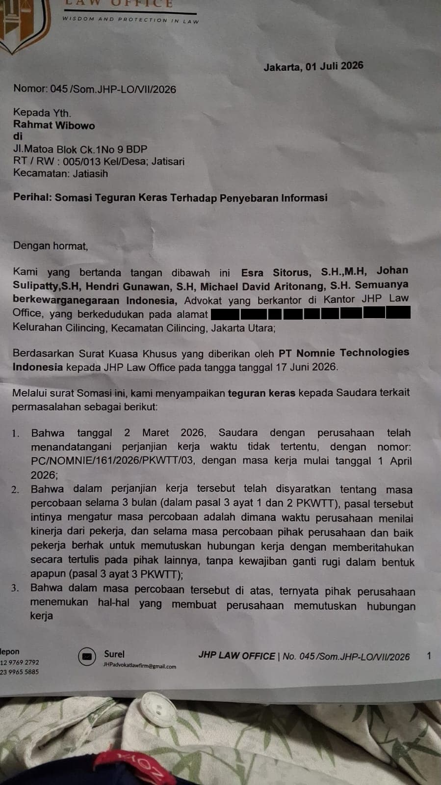 Official PERADI Ethics Complaint on JHP Law Firm: Study Case of Esra Sitorus, Johan Sulipatty, Hendri Gunawan, Michael David Aritonang