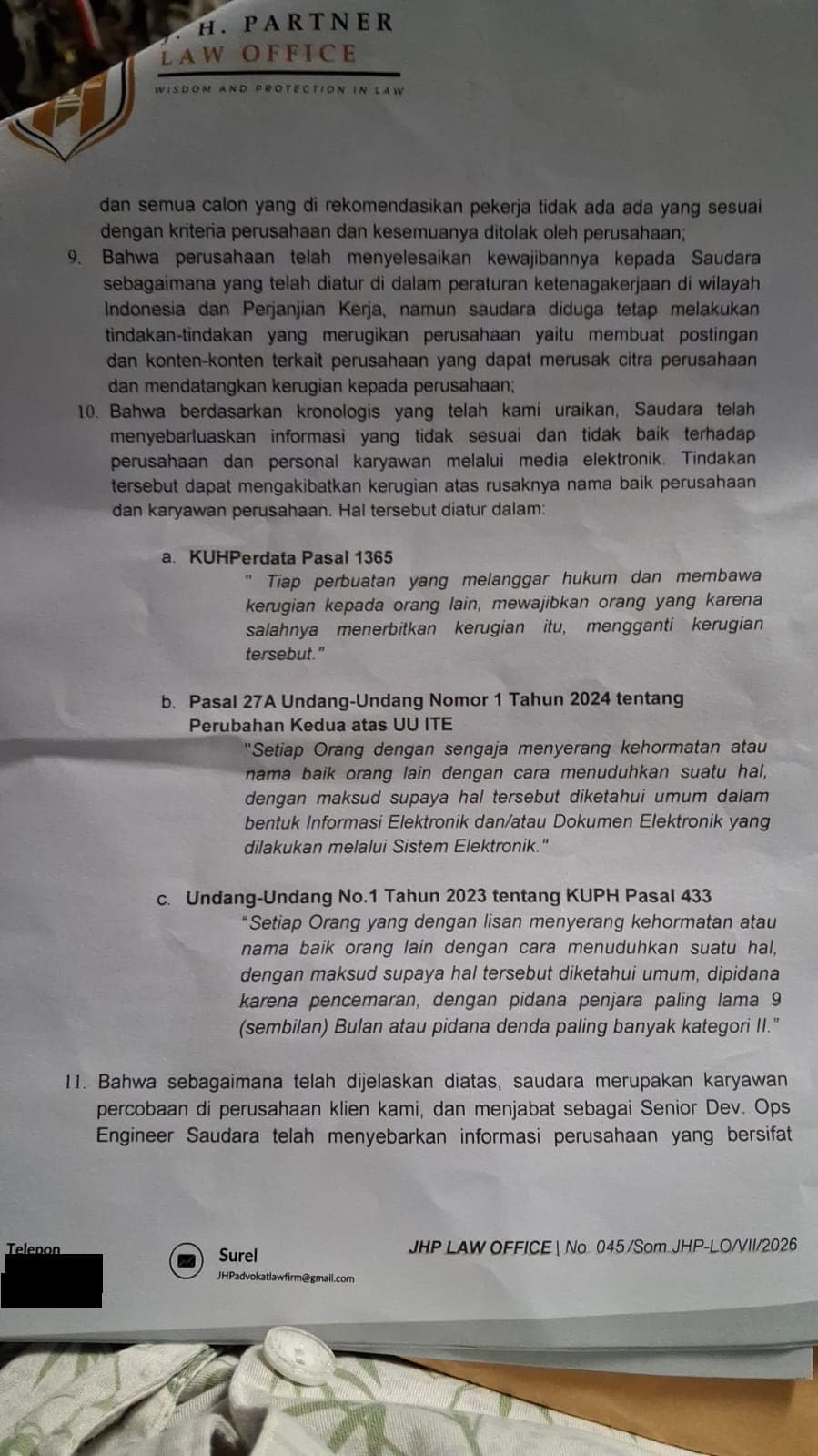 Official PERADI Ethics Complaint on JHP Law Firm: Study Case of Esra Sitorus, Johan Sulipatty, Hendri Gunawan, Michael David Aritonang