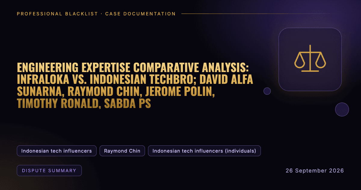 Header illustration: dispute summary involving Indonesian tech influencers, Raymond Chin, Indonesian tech influencers (individuals)