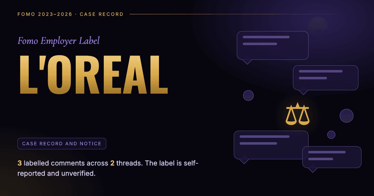 Header illustration: Fomo employer label L'Oreal, case record and notice