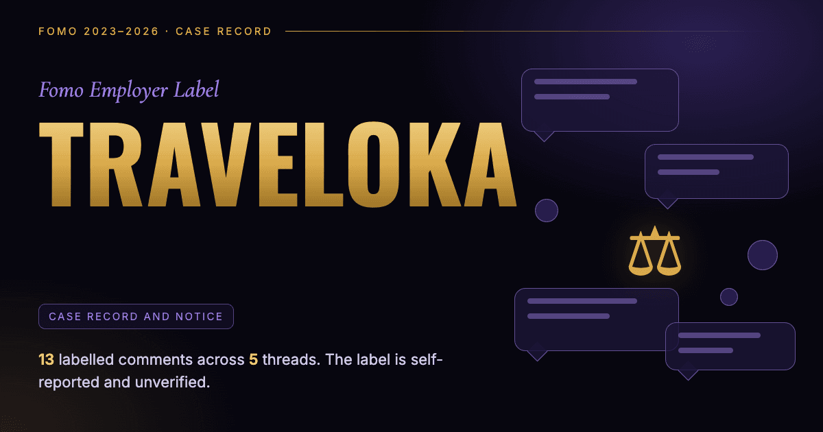 Header illustration: Fomo employer label Traveloka, case record and notice