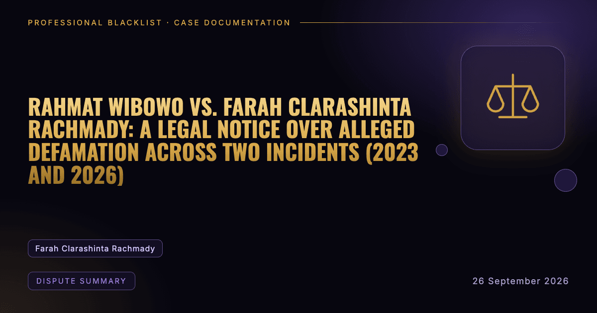 Header illustration: dispute summary involving Farah Clarashinta Rachmady