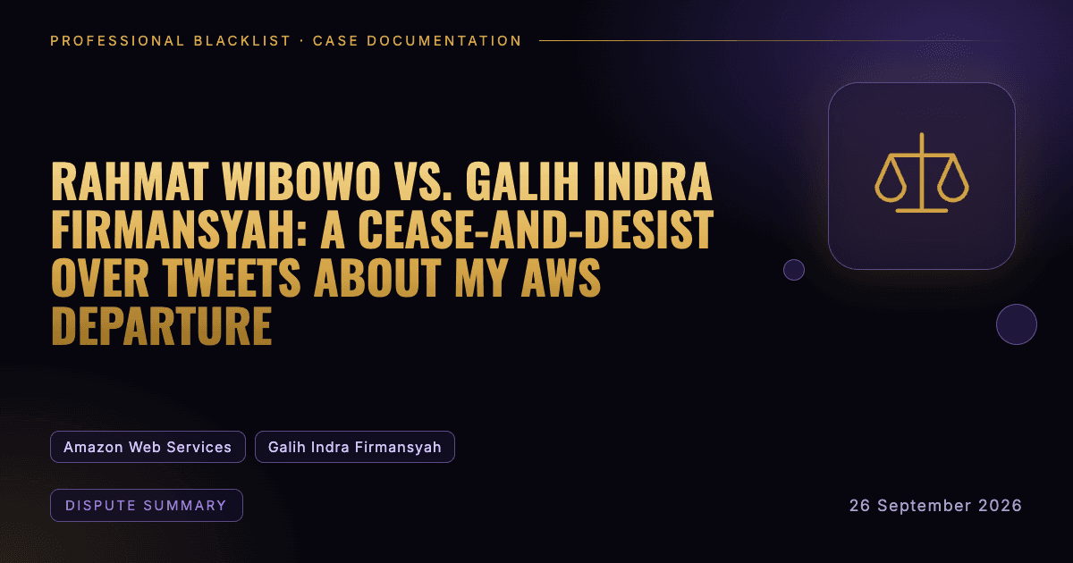 Header illustration: dispute summary involving Amazon Web Services, Galih Indra Firmansyah