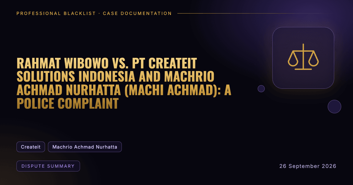 Header illustration: dispute summary involving Createit, Machrio Achmad Nurhatta