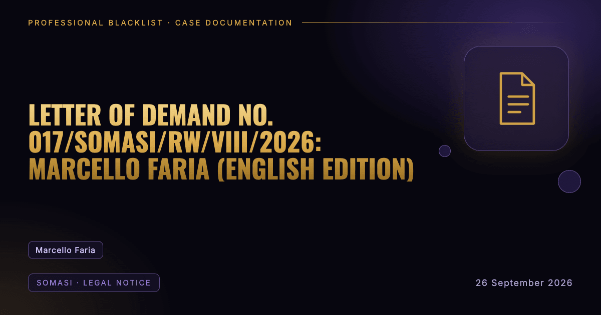 Header illustration: somasi · legal notice involving Marcello Faria