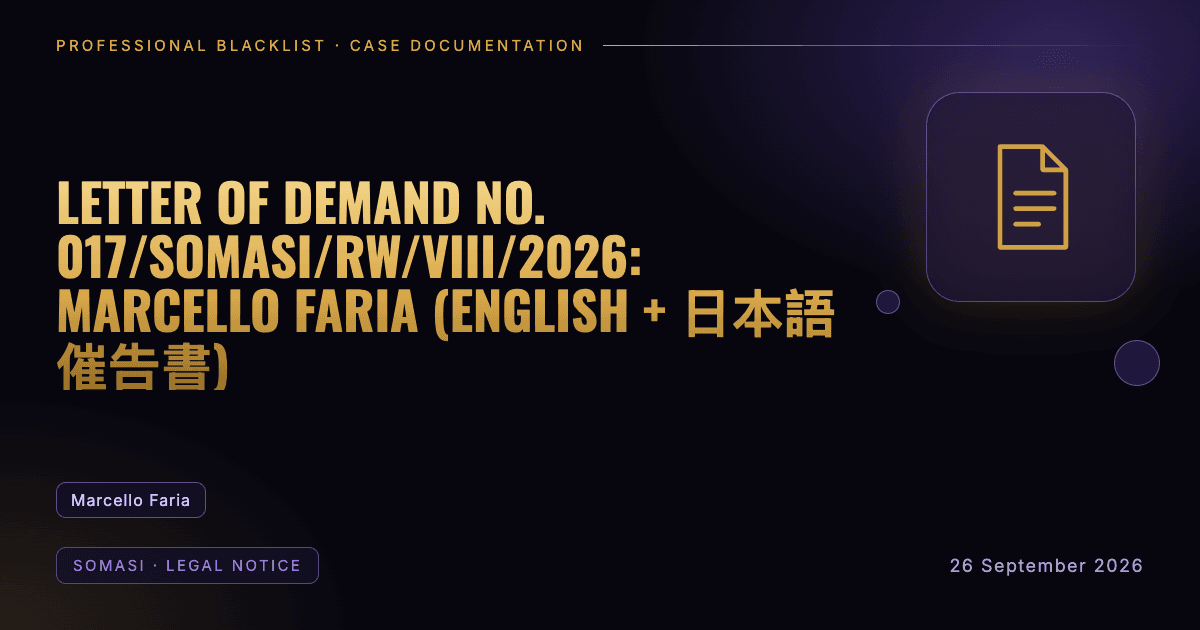 Header illustration: somasi · legal notice involving Marcello Faria