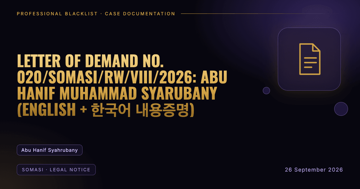 Header illustration: somasi · legal notice involving Abu Hanif Syahrubany