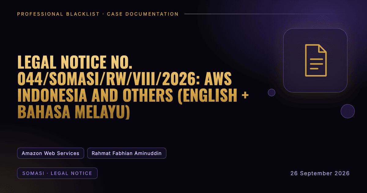 Header illustration: somasi · legal notice involving Amazon Web Services, Rahmat Fabhian Aminuddin