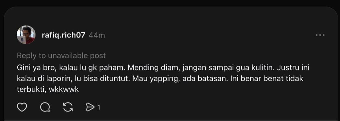 Evidence A-1: a Threads reply from the account @rafiq.rich07 containing the phrase "jangan sampai gua kulitin"