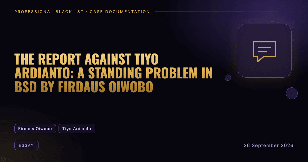 Header illustration: essay involving Firdaus Oiwobo, Tiyo Ardianto