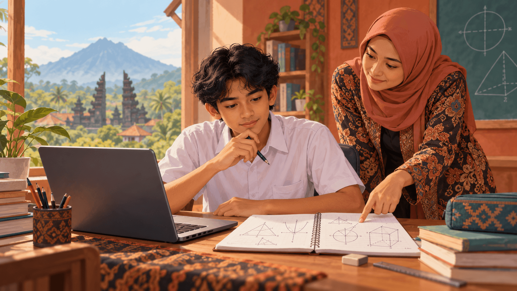 A student studies with a laptop, notebook, and teacher