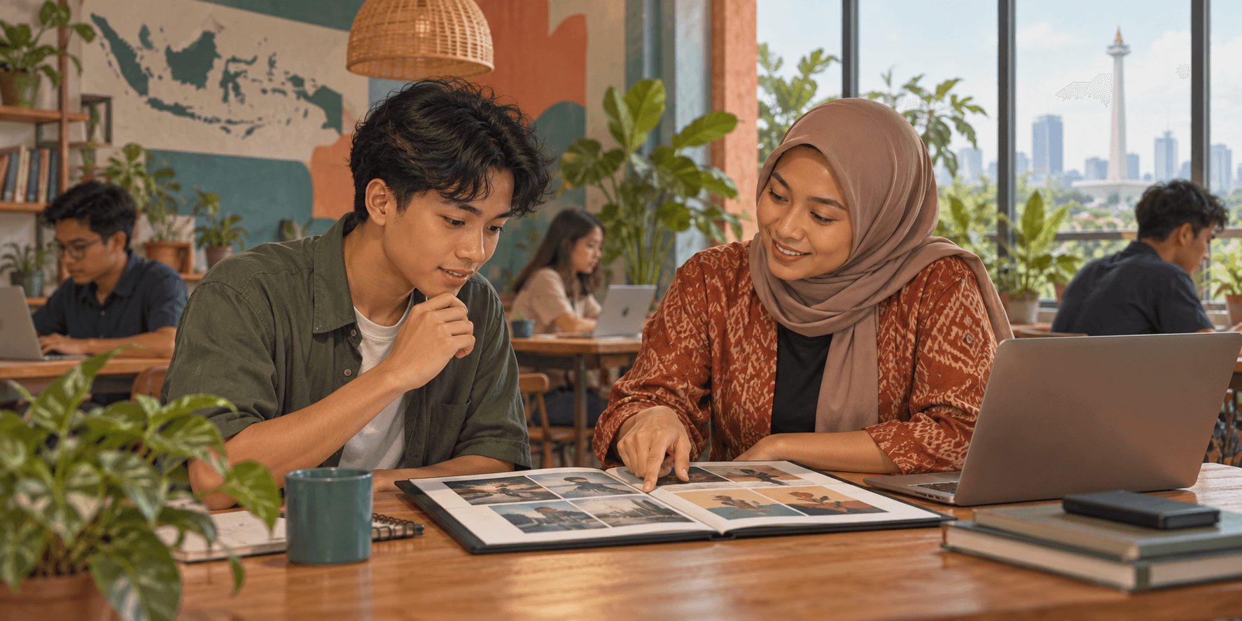 A young Indonesian job seeker reviews a portfolio with a mentor