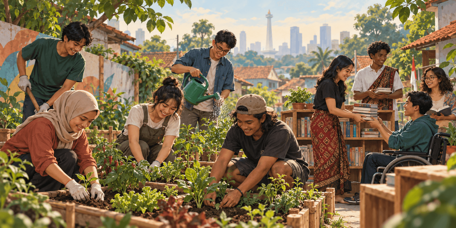 Young people work together in a community garden and share books