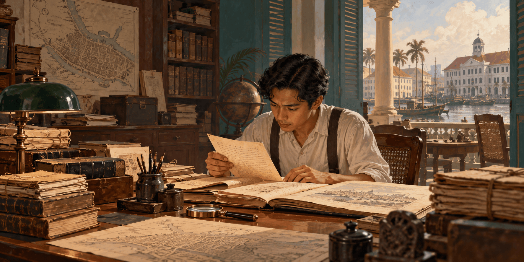 A young researcher examining archival documents