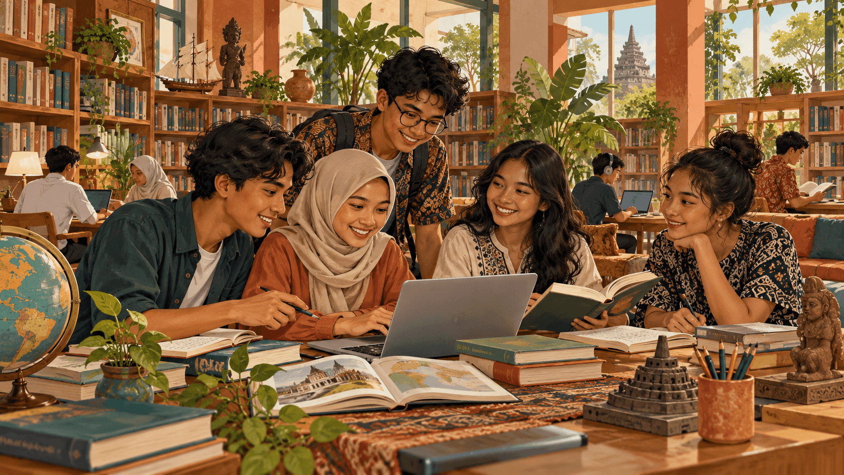 Young Indonesian students learning together in a library