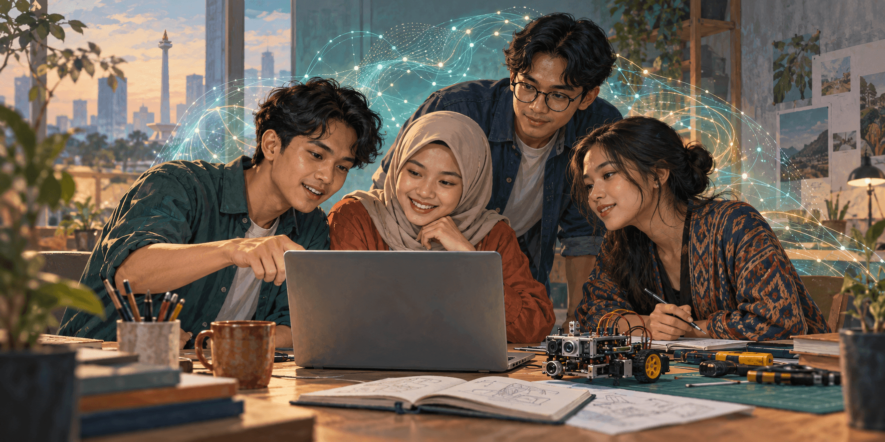 Young Indonesians learning and building a project together