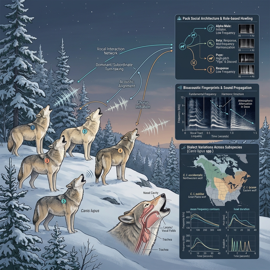 Academic illustration of wolf pack chorus howling, role-based vocal interactions, and geographic dialect mapping across North American canid subspecies