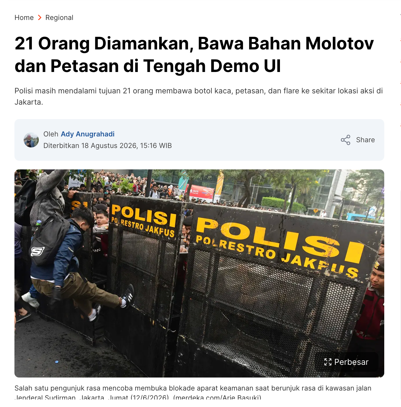 Pemberitaan mengenai 21 orang yang diamankan karena membawa bahan molotov dan petasan