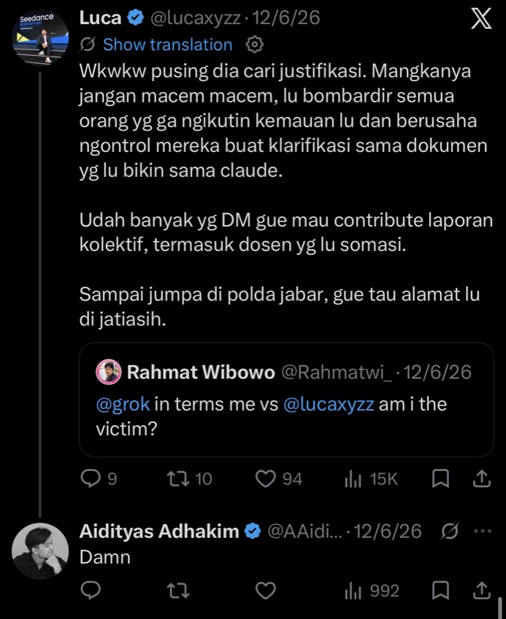 Evidence E-2: X thread of 12 June 2026 and his one-word reply