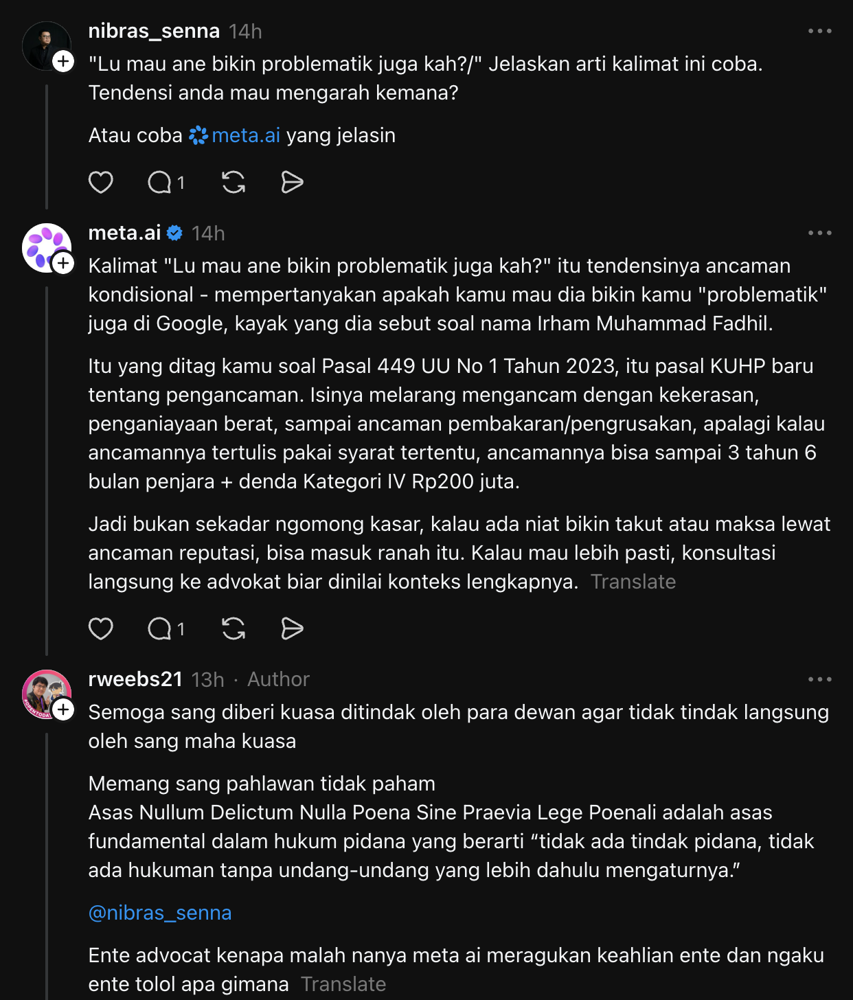 Arif's Meta AI prompt and Rahmat's response questioning reliance on the AI answer