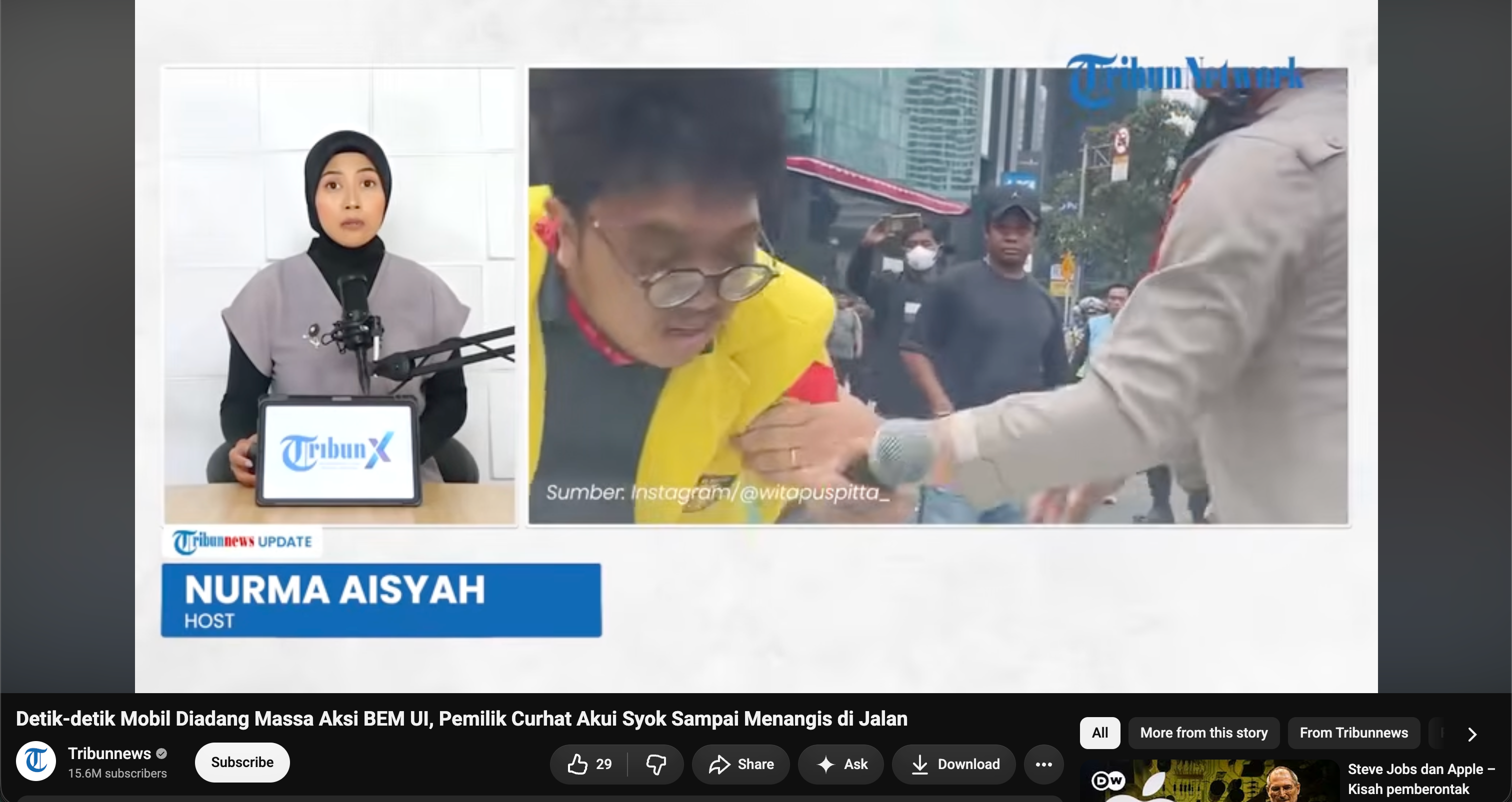 Tangkapan layar pemberitaan mengenai pemilik mobil yang diadang massa aksi dan menangis