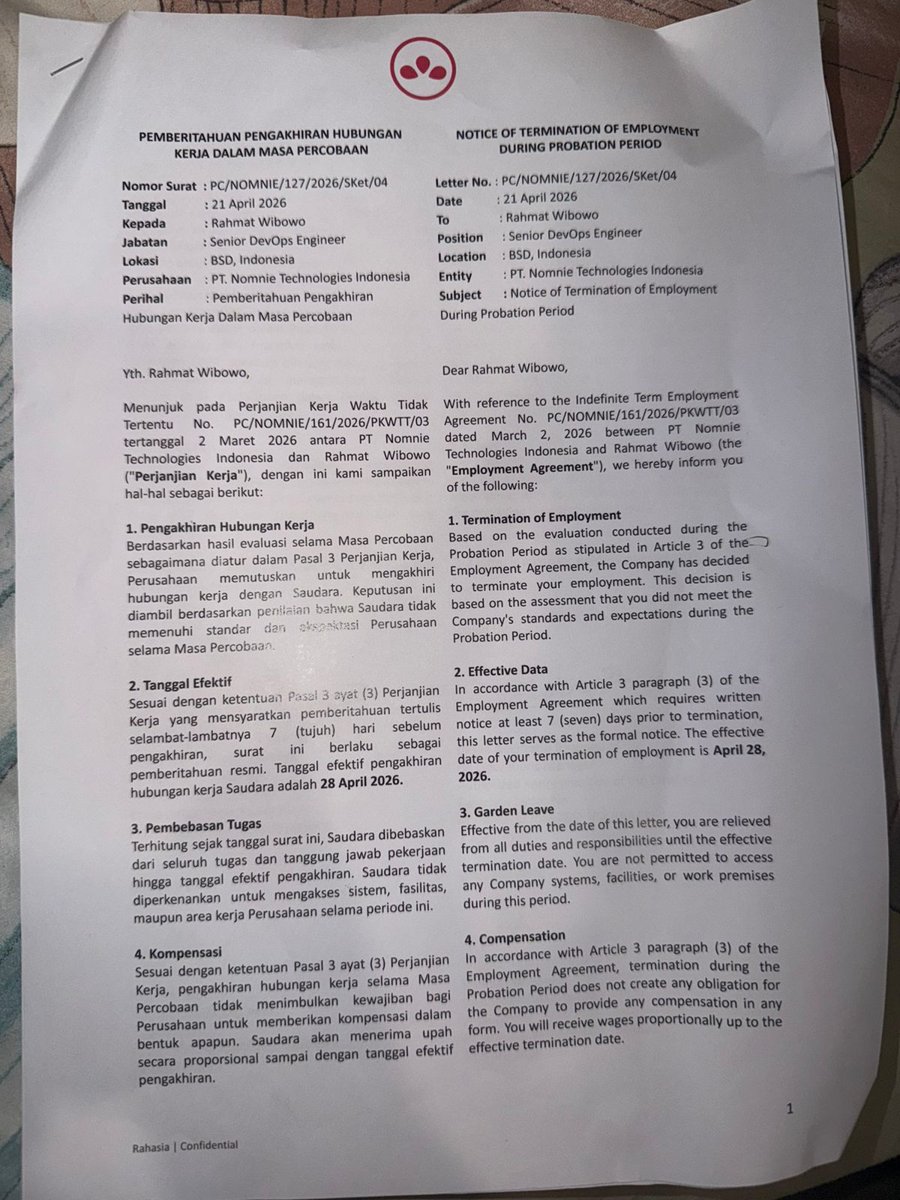 The termination notice of 21 April 2026