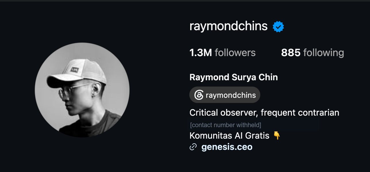 Raymond Chin's Instagram profile, @raymondchins, 1.3M followers, link to genesis.ceo, contact number withheld