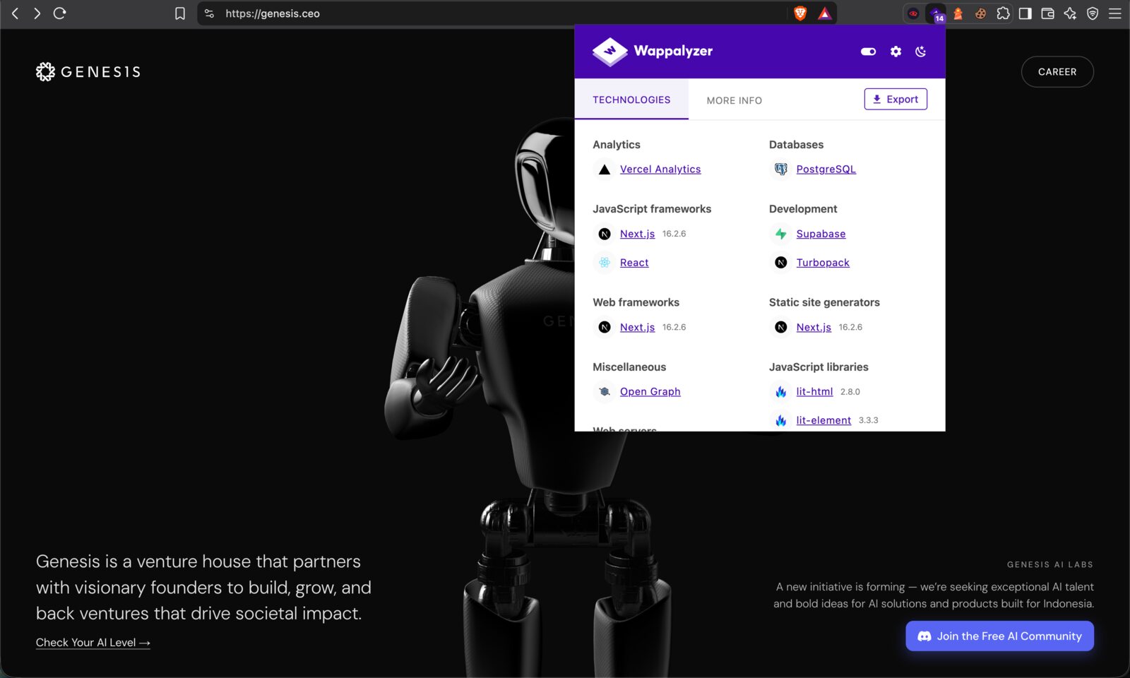 Wappalyzer on genesis.ceo: Next.js 16.2.6, React, Turbopack, Supabase, PostgreSQL, Vercel Analytics, lit-html, lit-element