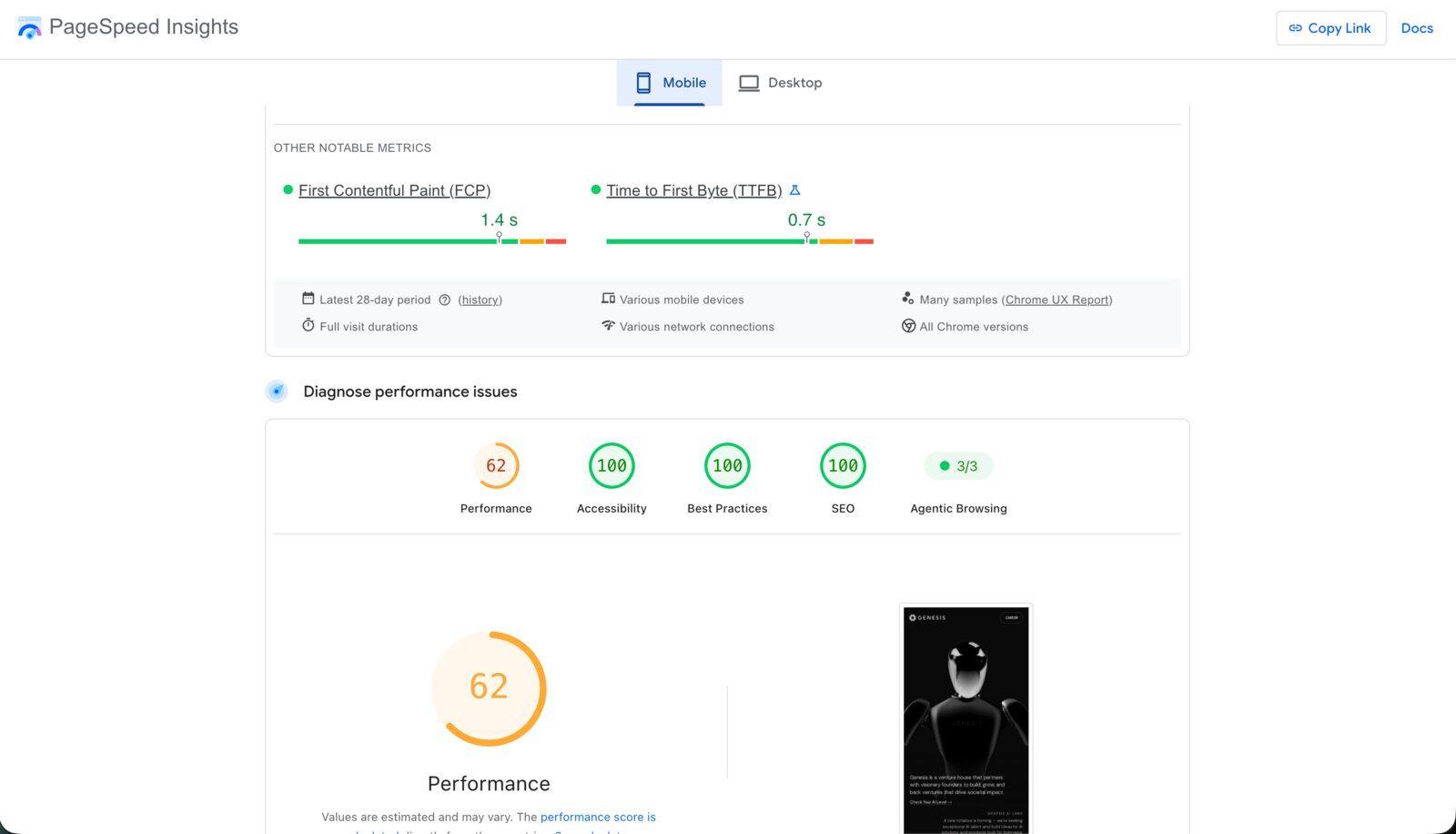 PageSpeed Insights, genesis.ceo homepage, mobile: Performance 62, other categories 100