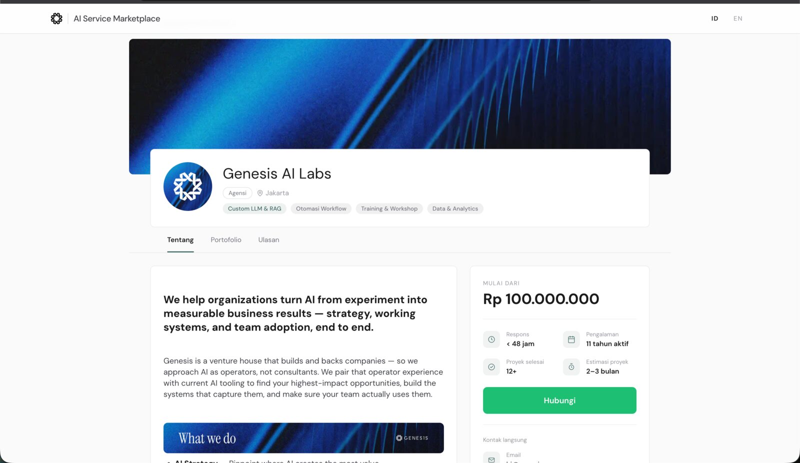 The Genesis AI Labs listing on the Genesis marketplace: "We help organizations turn AI from experiment into measurable business results"