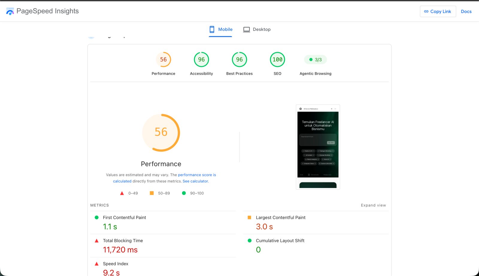 PageSpeed Insights, Genesis marketplace, mobile: Performance 56, Total Blocking Time 11,720 ms, Speed Index 9.2 s