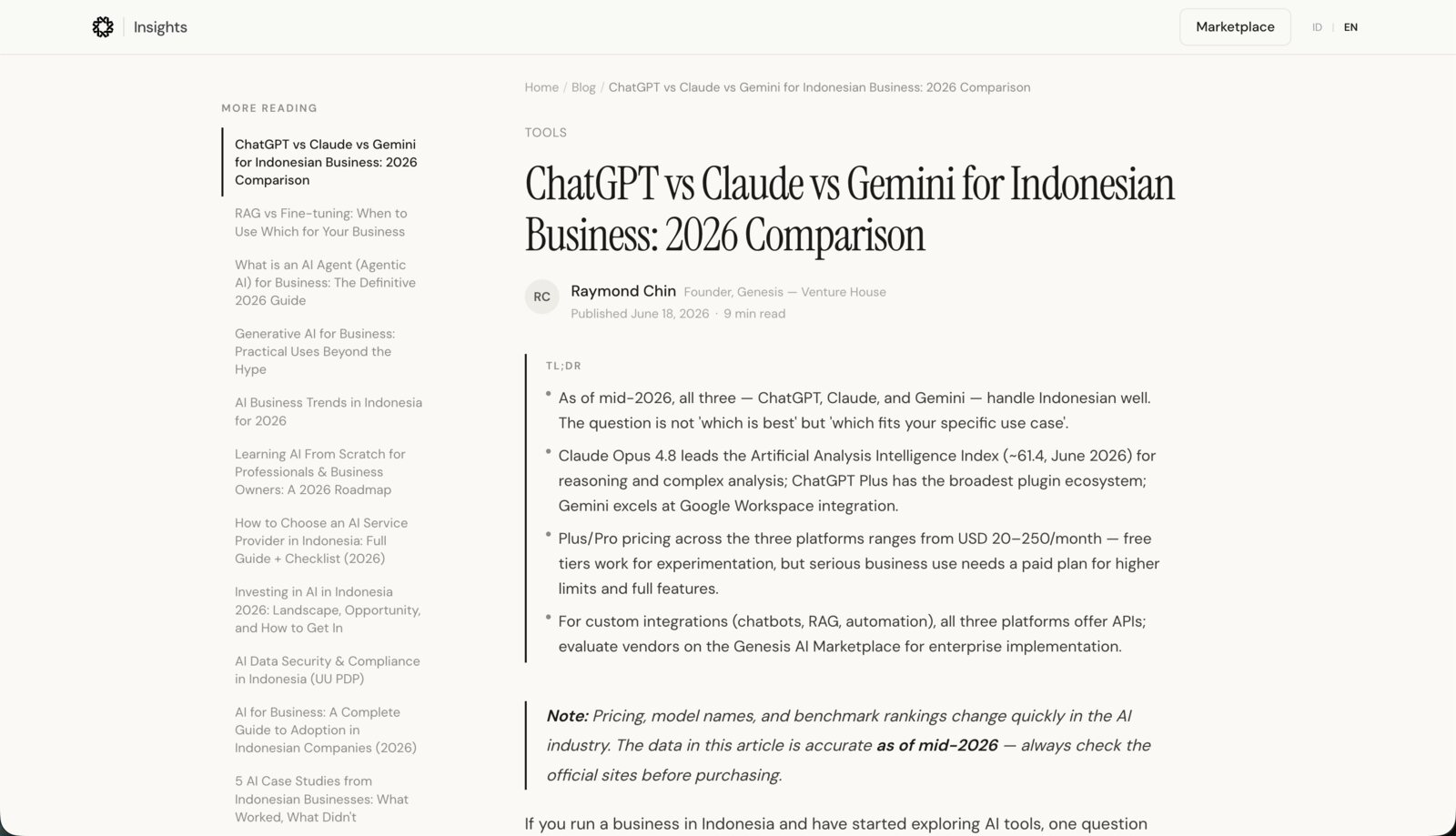Genesis article, "ChatGPT vs Claude vs Gemini for Indonesian Business: 2026 Comparison", by Raymond Chin, with TL;DR