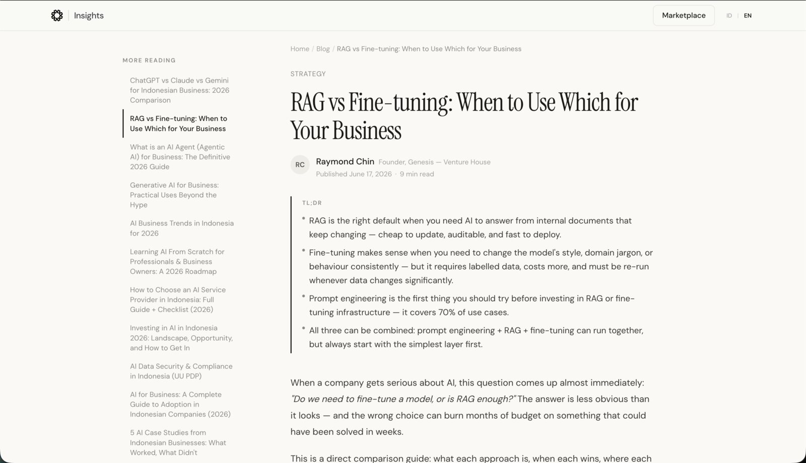 Genesis article, "RAG vs Fine-tuning: When to Use Which for Your Business", with TL;DR