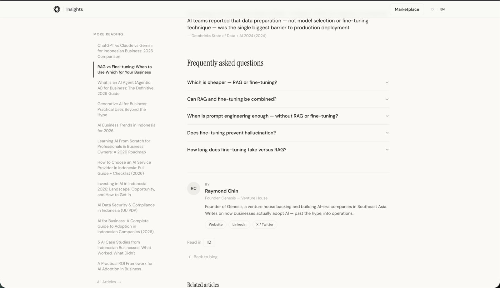 The FAQ and author box of the RAG article, "Founder, Genesis — Venture House"