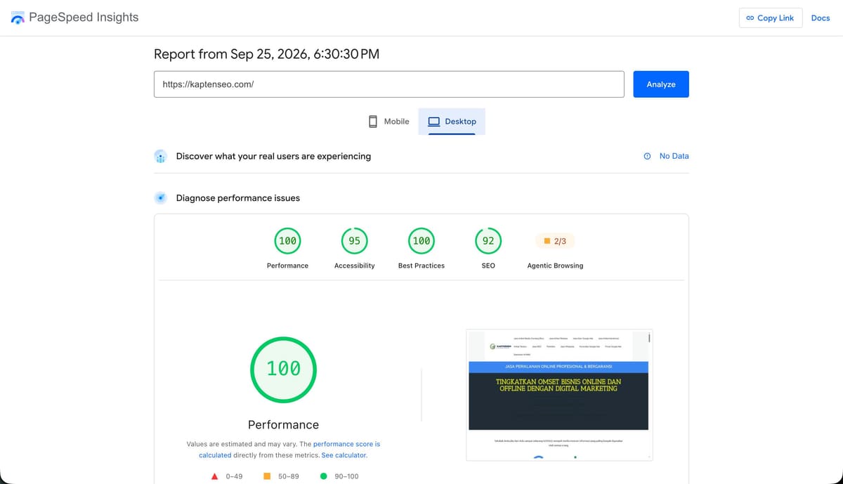 PageSpeed Insights, desktop report for kaptenseo.com