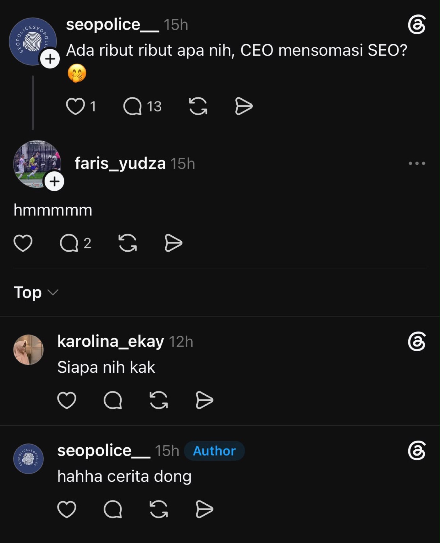 A Threads reply in which Faris Yudza says scores do not need to be 100 and that progress, indexed pages, impressions, clicks and leads matter more
