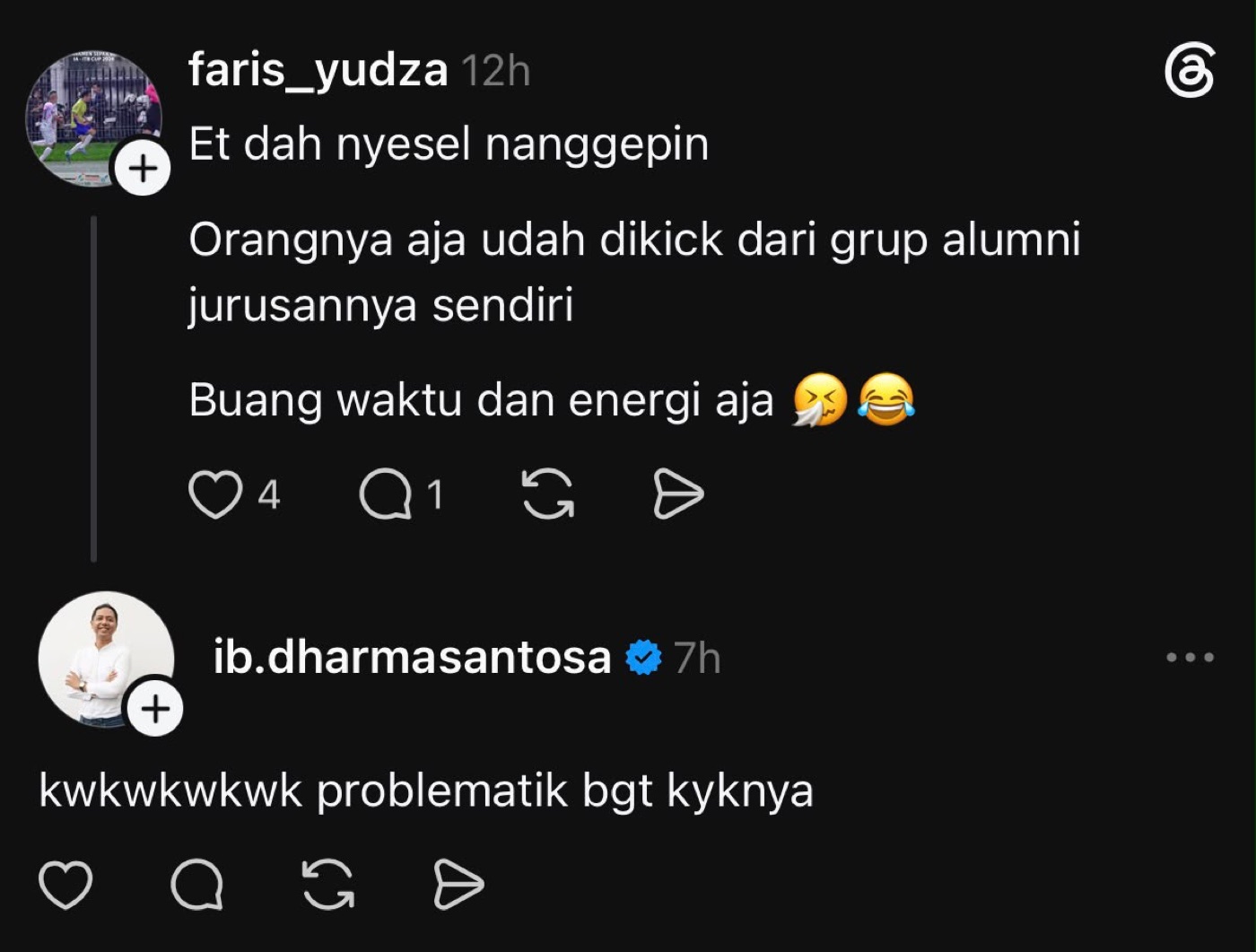 A Threads exchange in which another account asks about a CEO sending a legal warning to an SEO, and faris_yudza replies "hmmmmm"