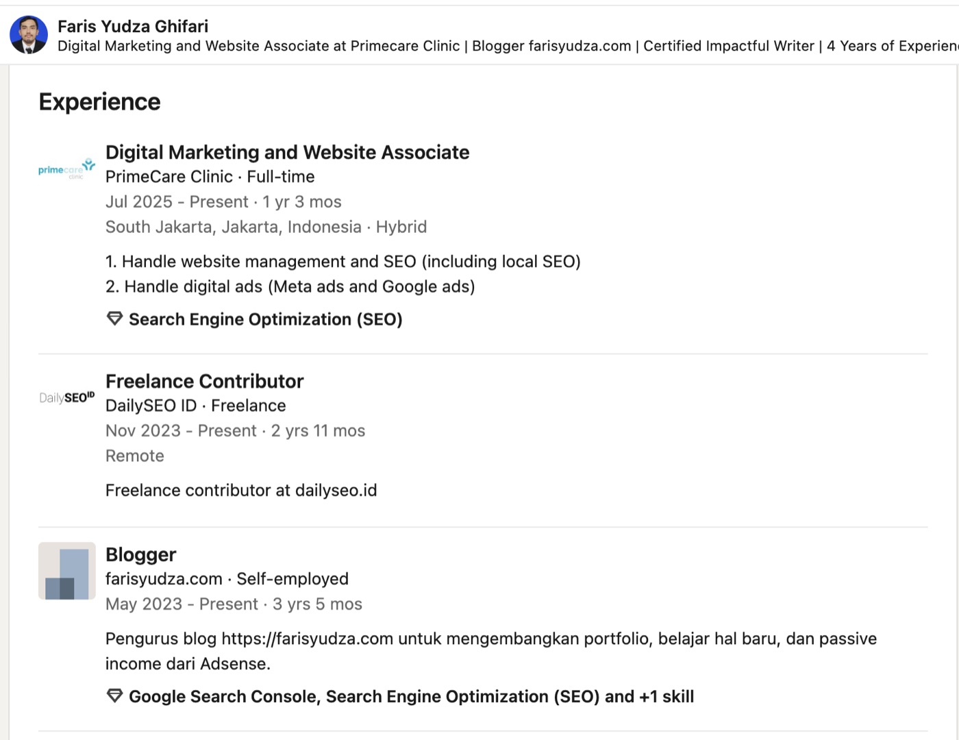 Experience section of the LinkedIn profile