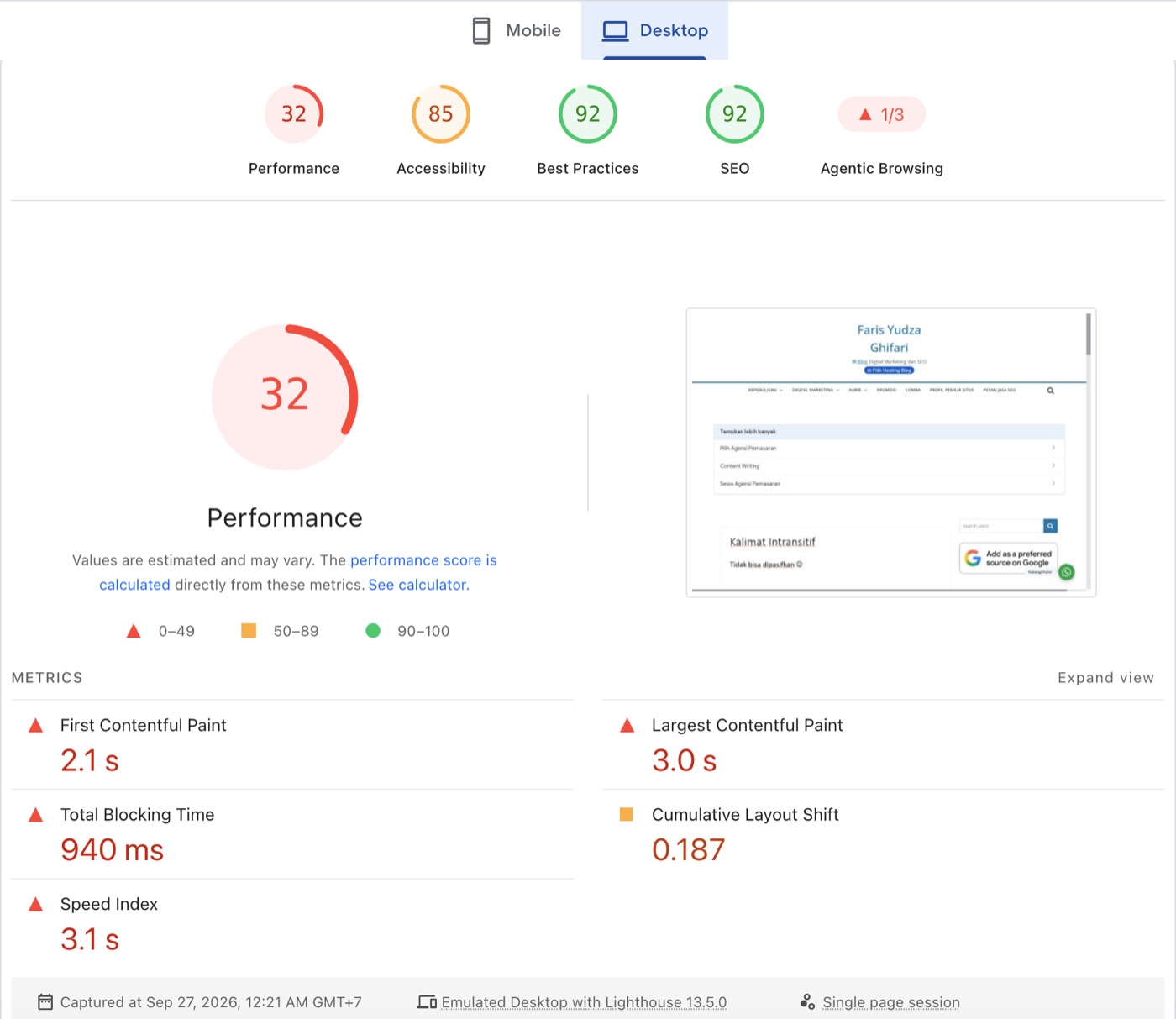 PageSpeed Insights, desktop report for farisyudza.com