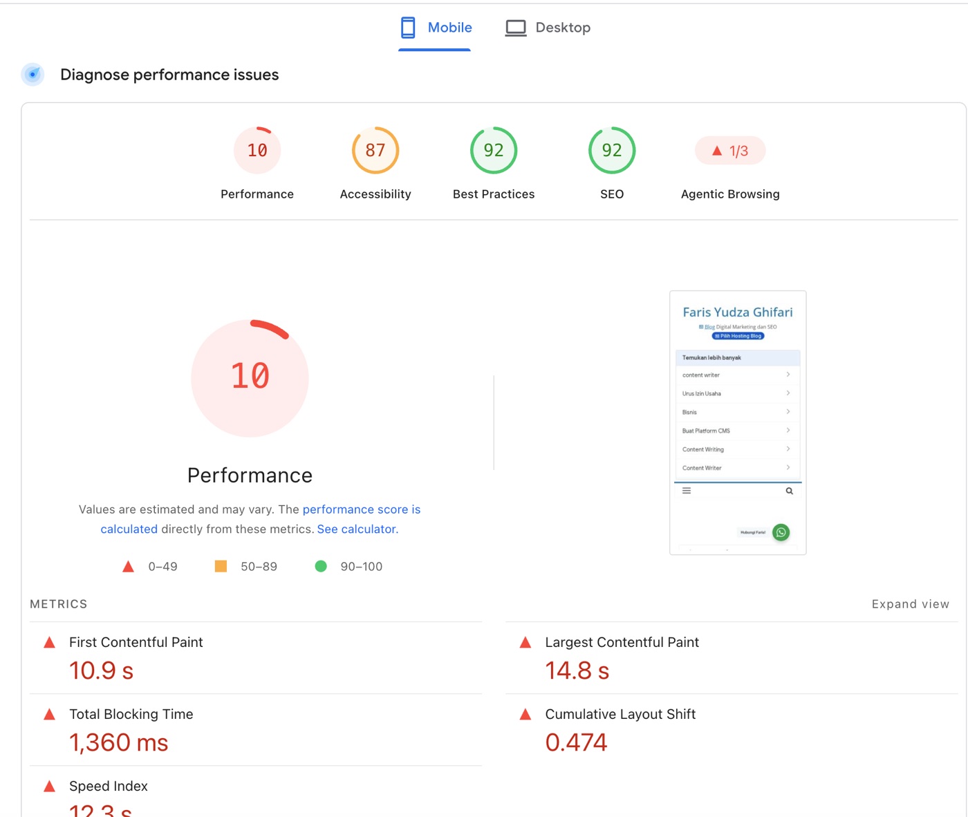 PageSpeed Insights, mobile report for farisyudza.com