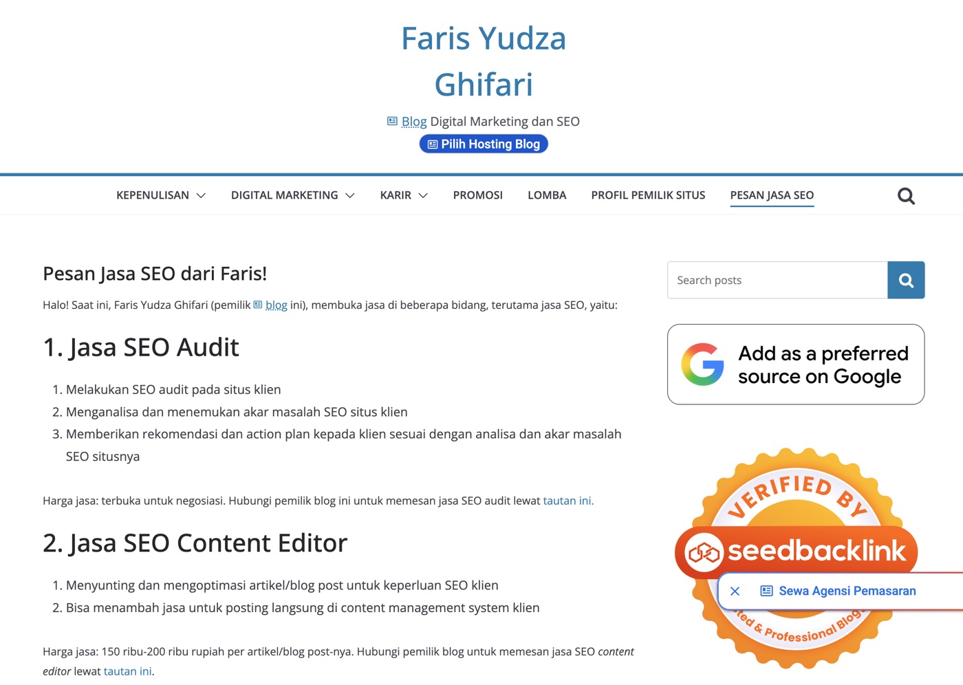 The "Pesan Jasa SEO" service page on farisyudza.com