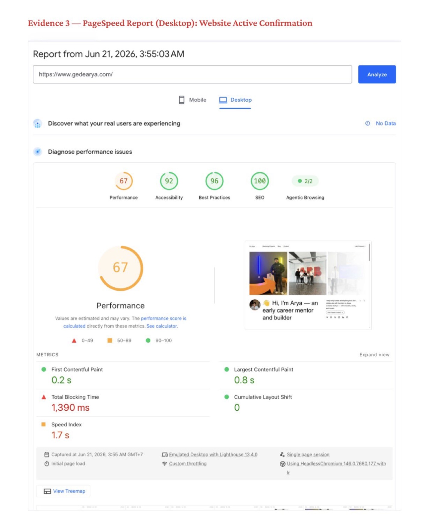 PageSpeed Insights, desktop report for gedearya.com, 21 June 2026
