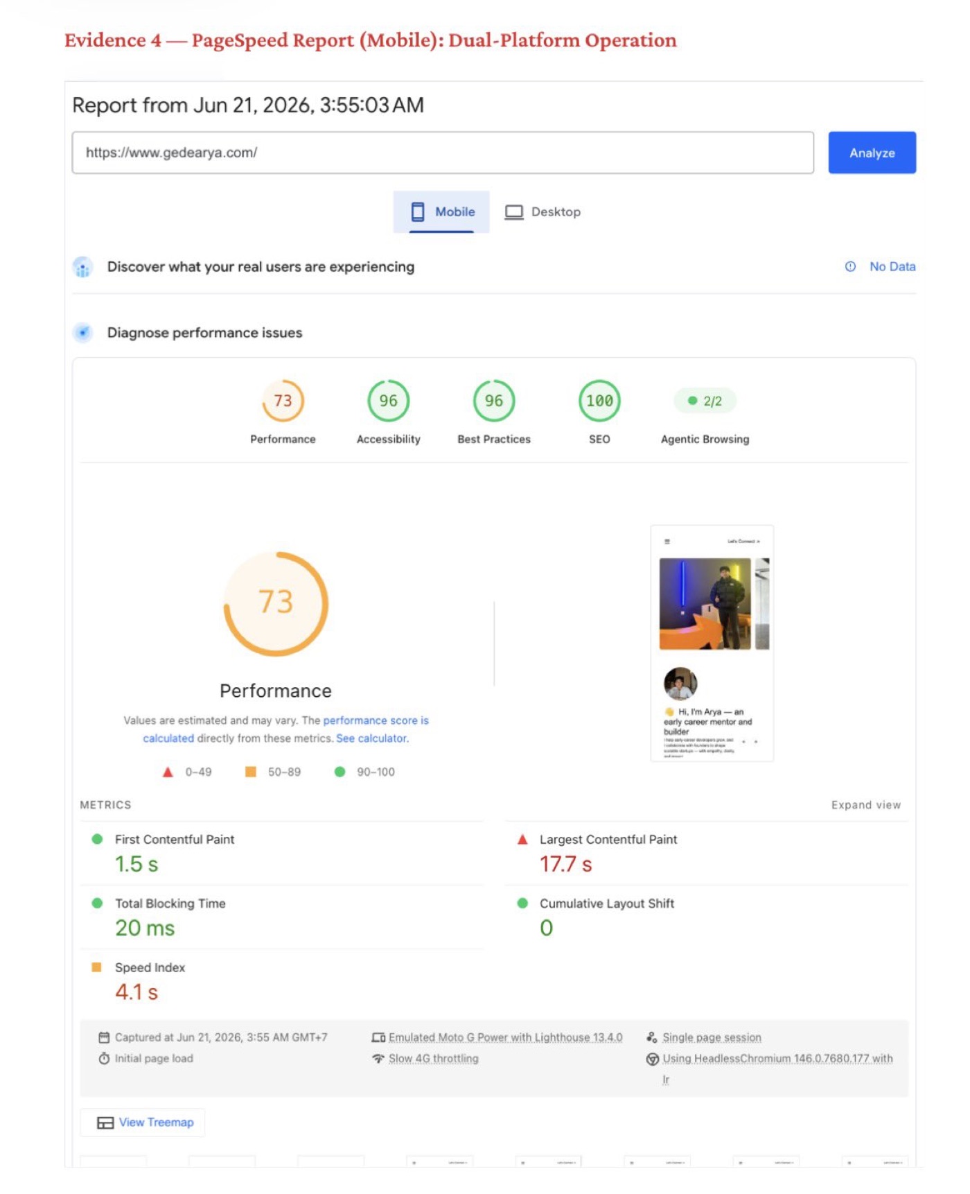 PageSpeed Insights, mobile report for gedearya.com, 21 June 2026