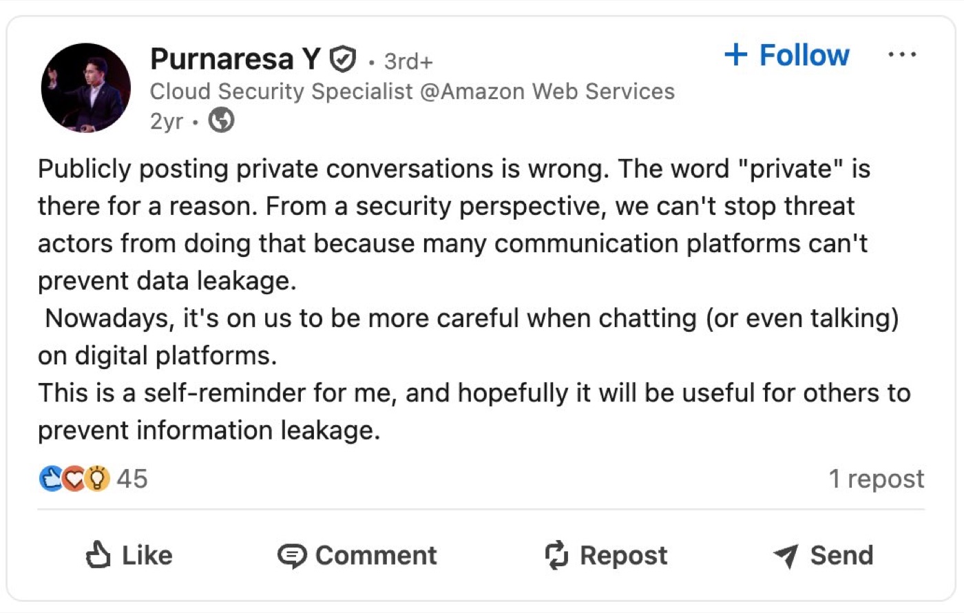 A LinkedIn post by Purnaresa Y on posting private conversations